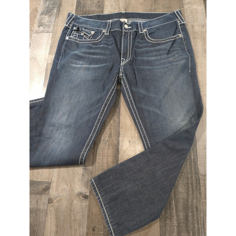 True Religion Super T Jeans Men's 40 Indigo Blue Thick White Stitch Flap Pocket